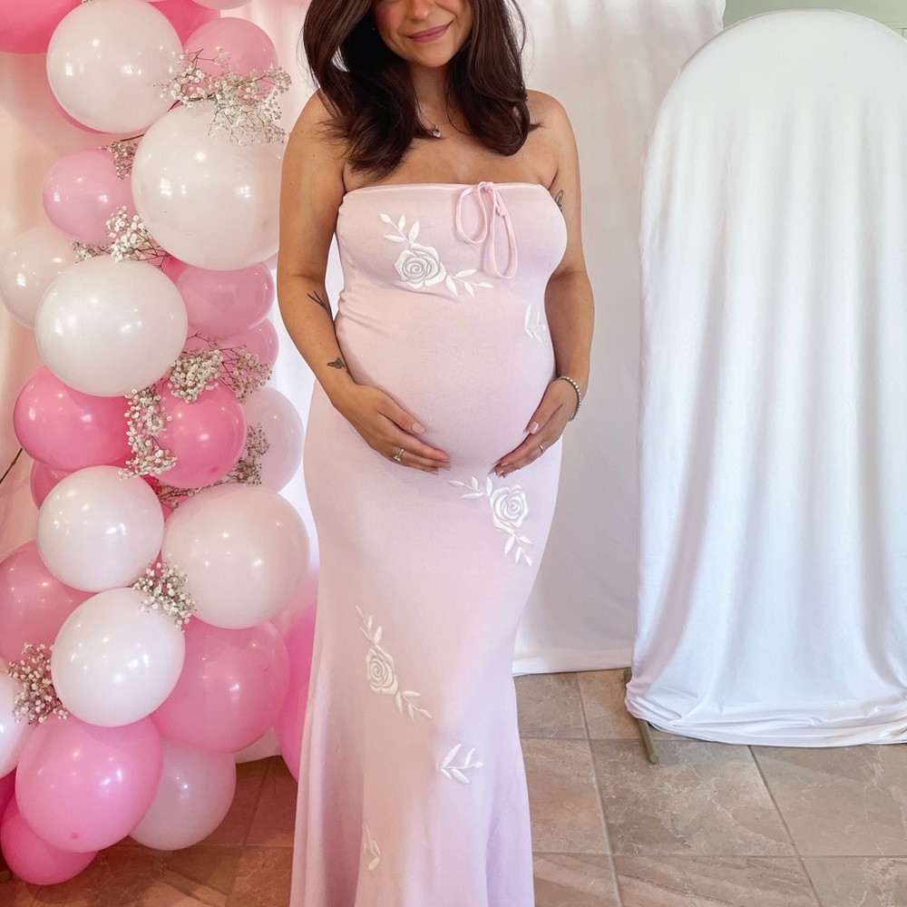Meshki Strapless Pink Dress with White Floral Accents